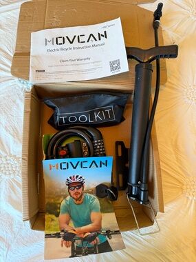 Electric Bicycle Accessory Kit/manual in Black. Pump, lock, keys tool kit